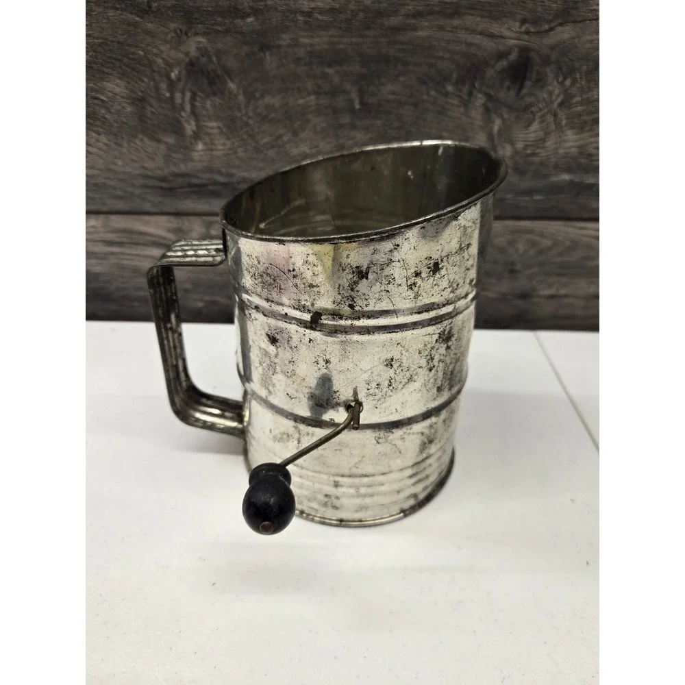 Vintage Tin Flour Sifter Hand Crank Antique‎ Kitchen Tool Farmhouse Decor Silver